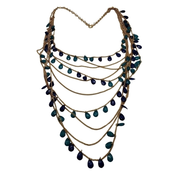 Multilayered Gold Toned Chain with Blue Glass Charms Necklace Adjustable - Picture 2 of 6